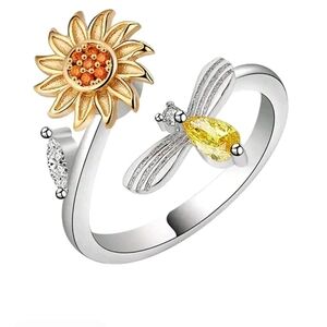 Sunflower and Bee CZ Silver Ring